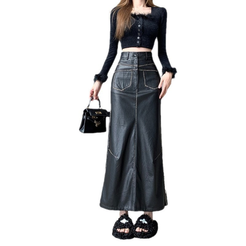 Black PU Leather Skirt Women's High Waist Slimming