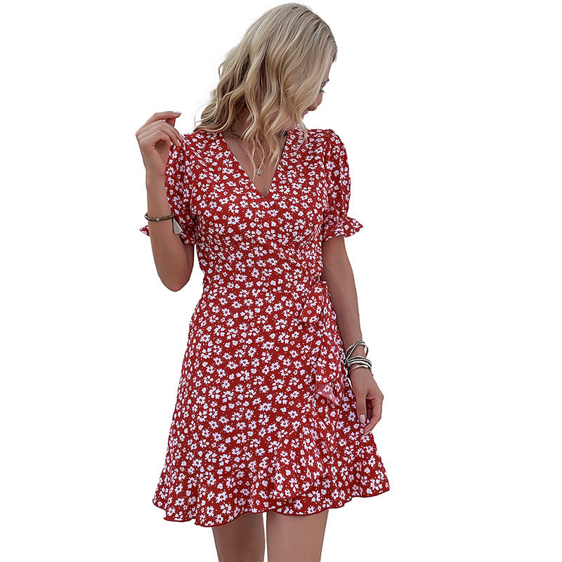 Women's Ruffled Floral Slim-fitting Short Dress