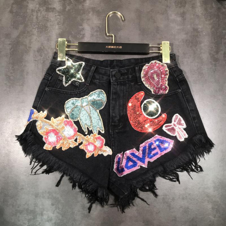 Women's Fashion Moon Star Sequins Heavy-duty Patch Denim Shorts