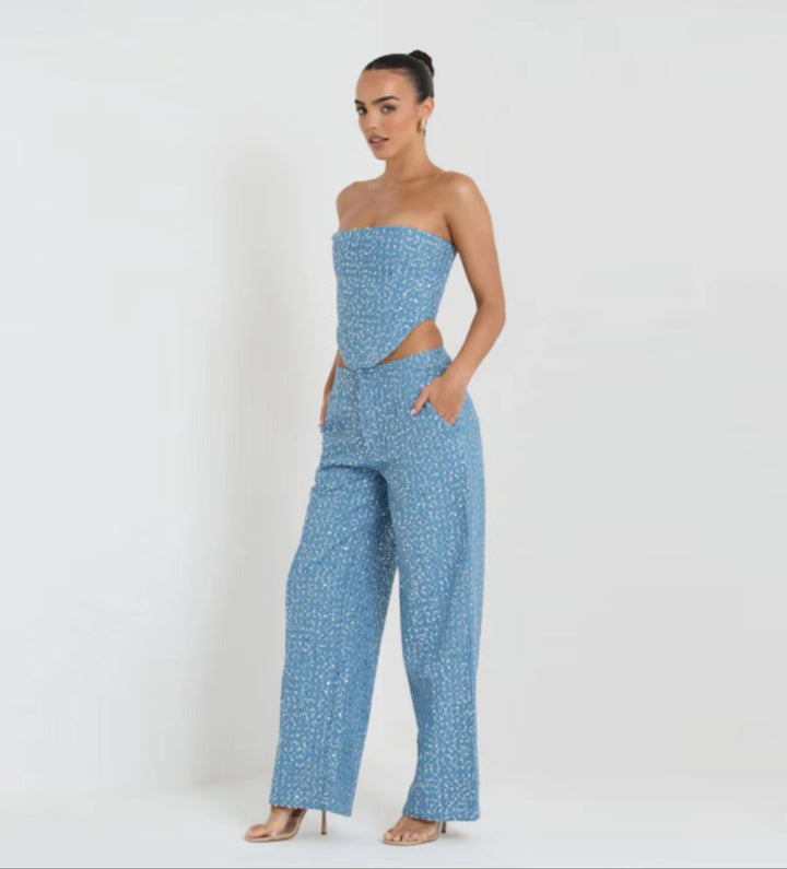 Fashion Denim Sequined Tube Top Wide Leg Pants Suit