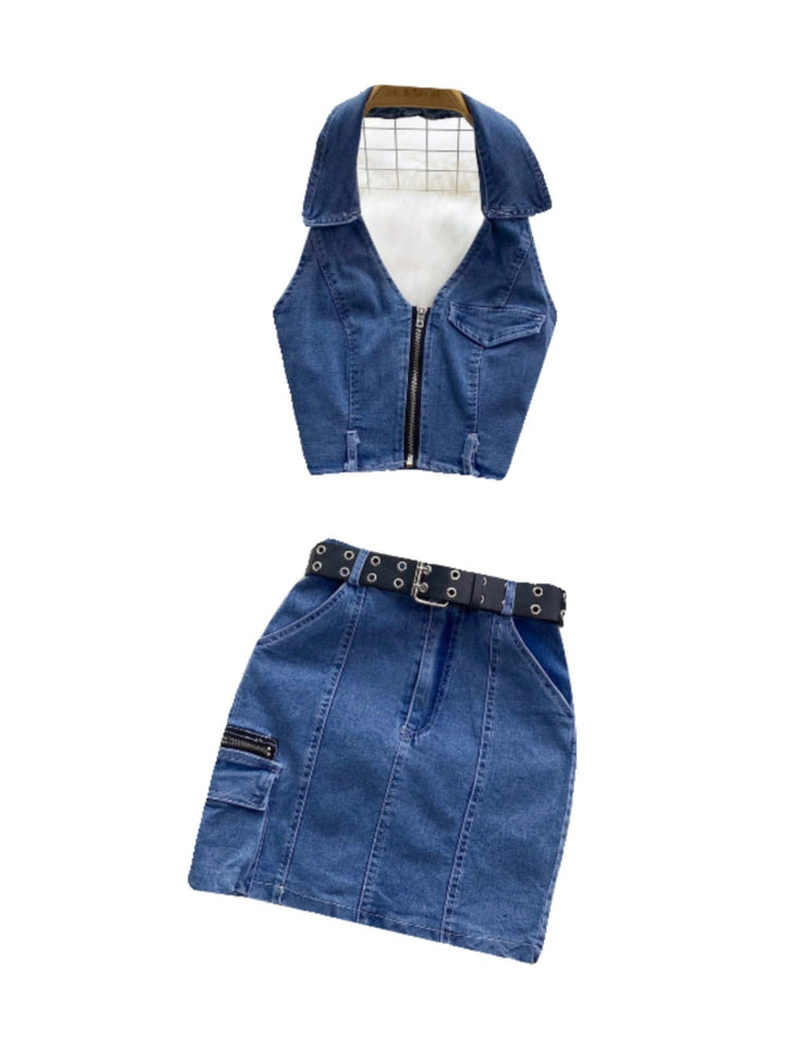 Women's Retro Slim Short Sleeveless Halter Denim Vest Two-piece Set