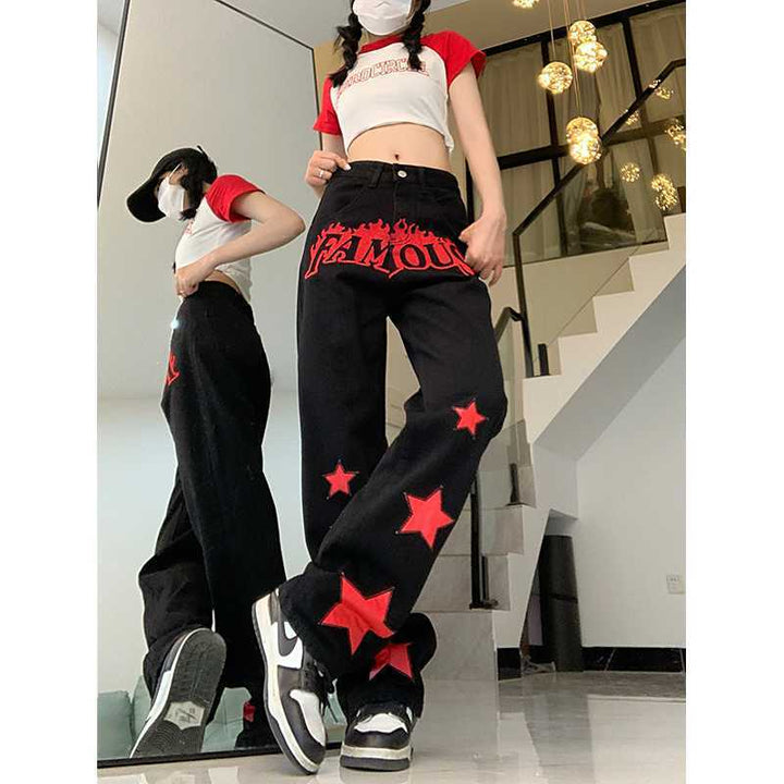 Red Star Letters Jeans For Women High Waist Casual Trousers