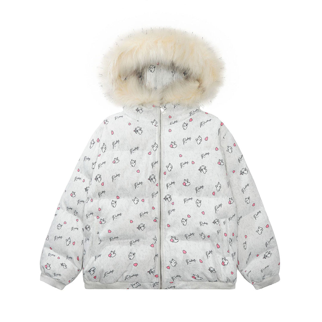 Winter New Cute Full Printed Fur Collar Hood Cotton Coat Jacket