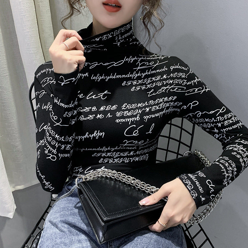 Fashion Letter Graffiti Printing Western Style Slim Slim High Neck Long Sleeve Top Bottoming Shirt