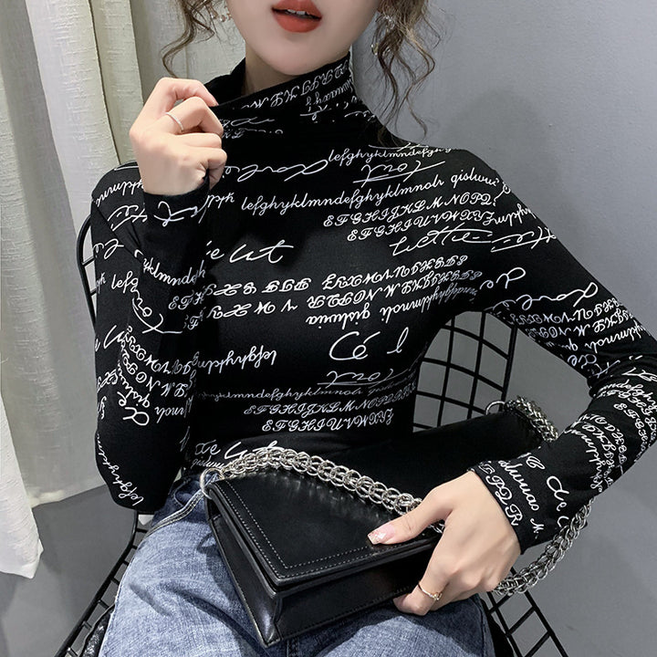 Fashion Letter Graffiti Printing Western Style Slim Slim High Neck Long Sleeve Top Bottoming Shirt