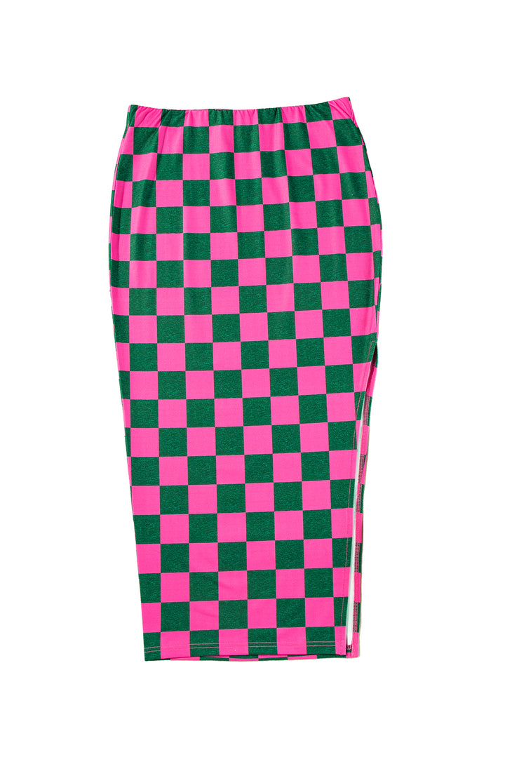 White Checkered Print Side Slit Slim Fit Midi Skirt