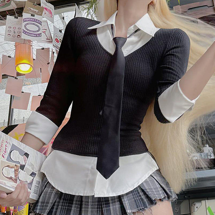 Autumn And Winter New Preppy Style Tie Polo Collar Top Short Skirt Slimming Women