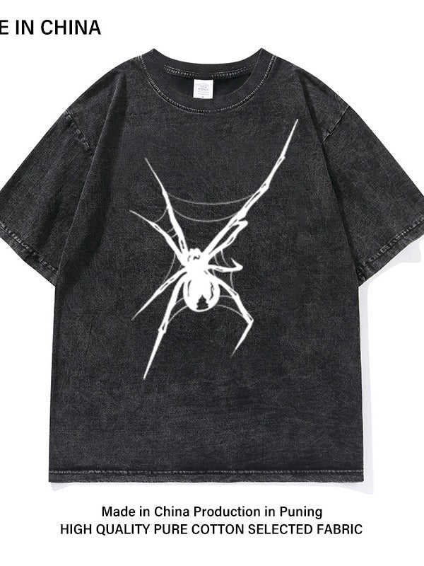 Washed Old Heavy Cotton T-shirt Spider Print