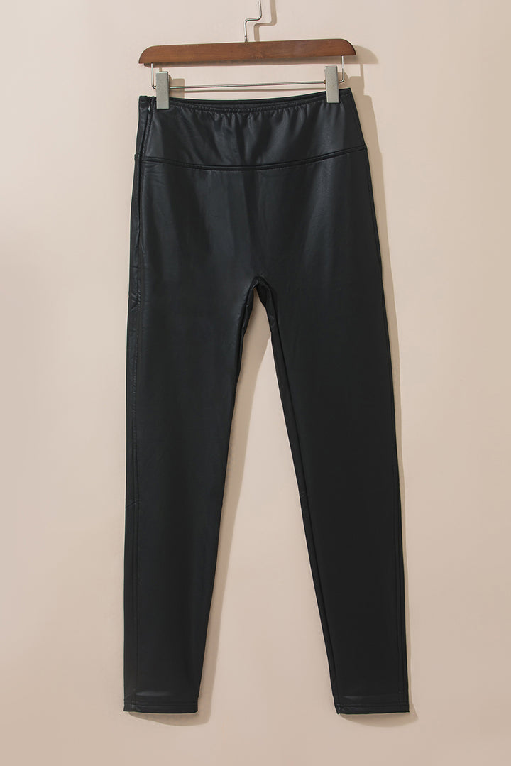 Black Piping Trim Sleek Leather High Waist Leggings