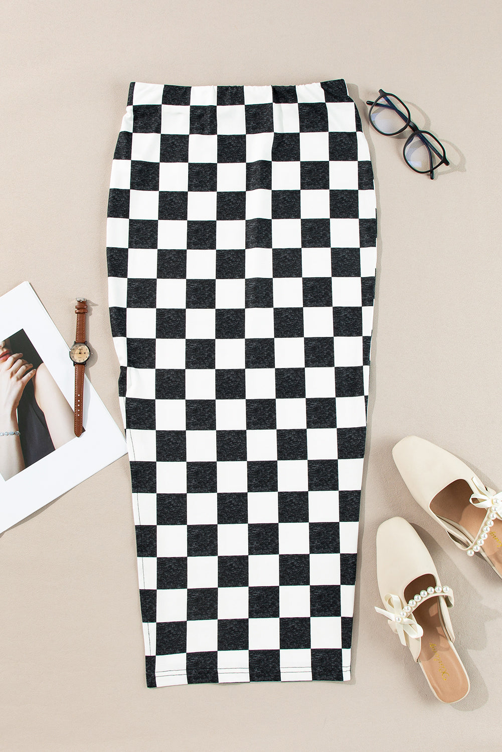 White Checkered Print Side Slit Slim Fit Midi Skirt