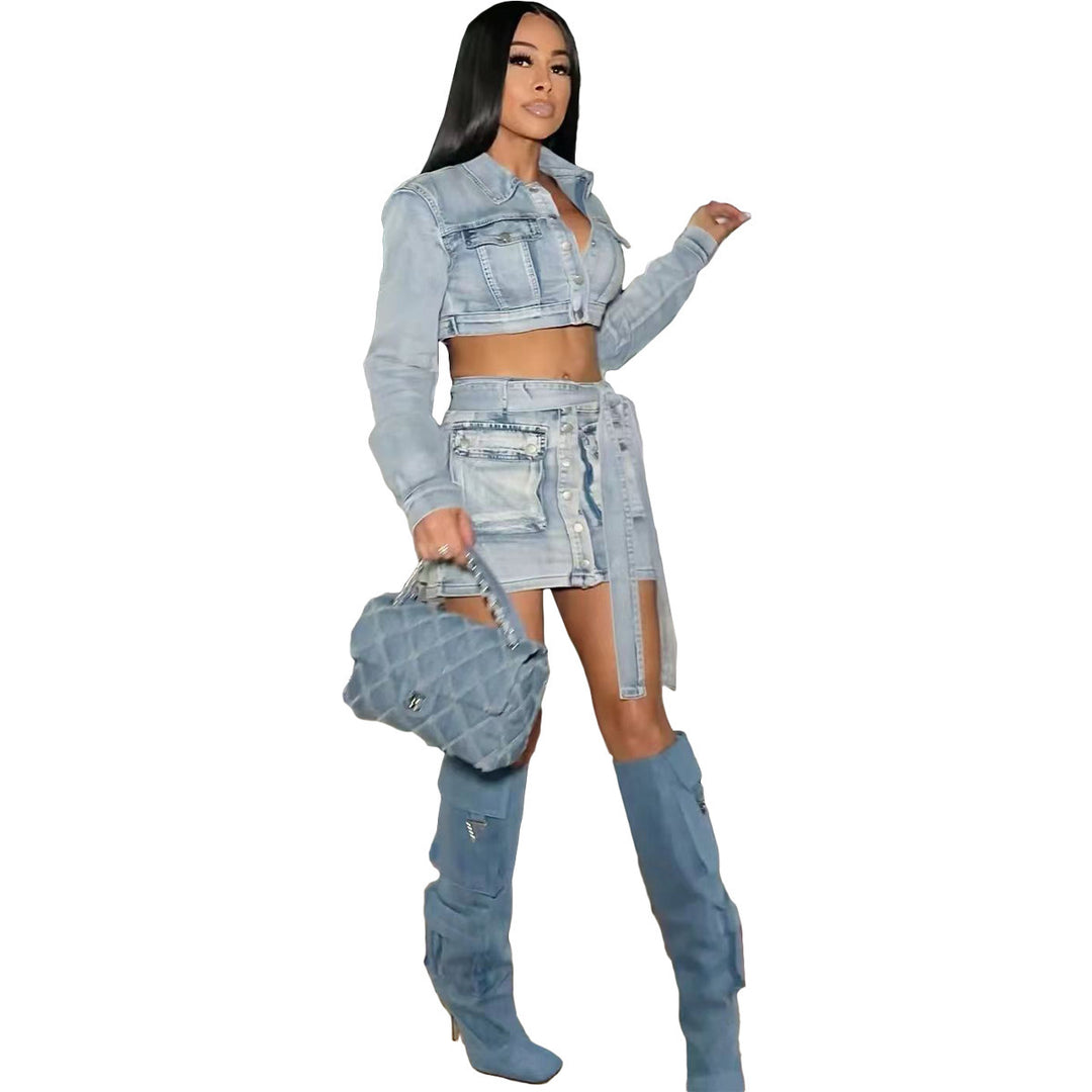 Women's Stylish Multi-pocket Washed Denim Coat Skirt Suit