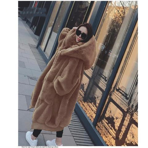 Women's New Rex Rabbit Fur Thickened Long Hooded Jacket