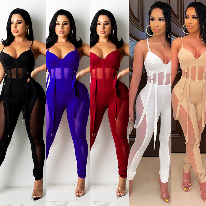 Women's Mesh See-through Suspender Jumpsuit Trousers