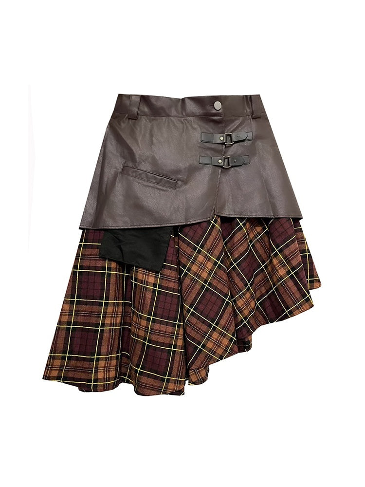 Plaid Contrast Skirt Women's Irregular PU Leather A- Line Skirt