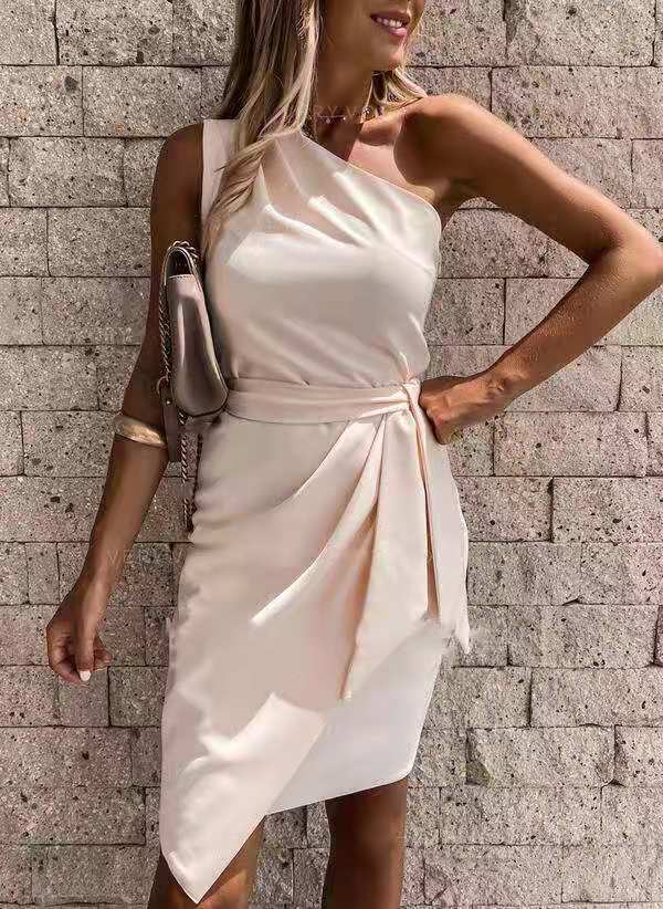 Spring And Summer Models Solid Color Sleeveless Slanted Shoulder Irregular Tie Party Dress