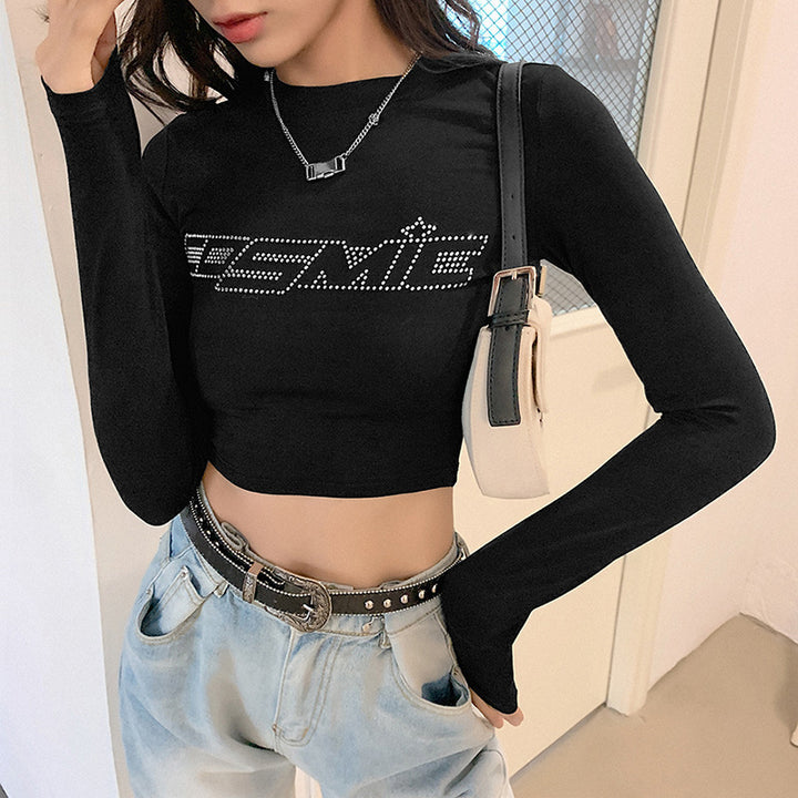 Fashion Women's Lettering Hot Diamond Long Sleeve Round Neck T-Shirt