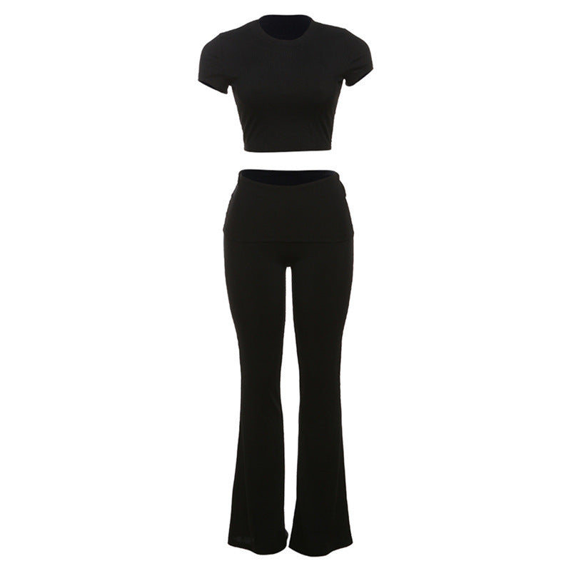 Slim Fit Crop-top Short Sleeve T-shirt High Waist Tight Casual Trousers Suit