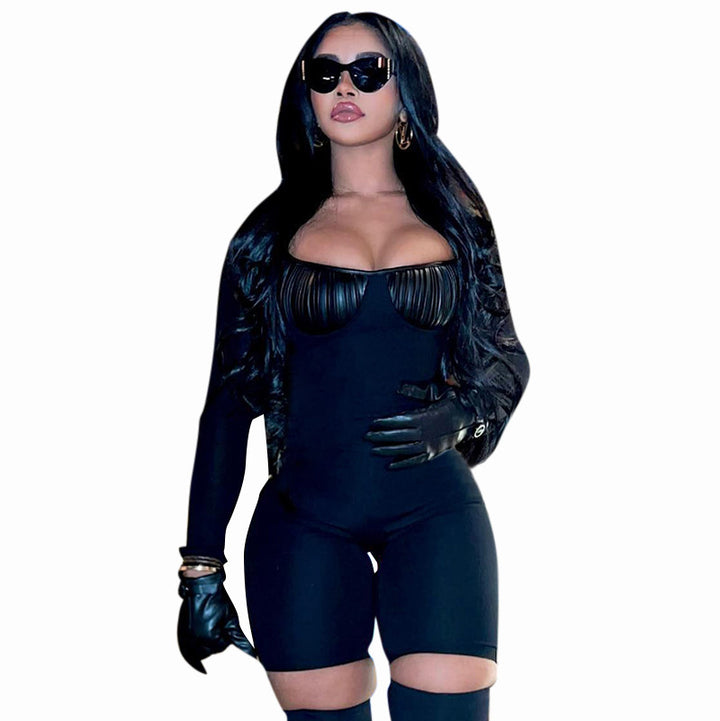 Casual Crew Neck Long Sleeve Zip Slim Short Jumpsuit