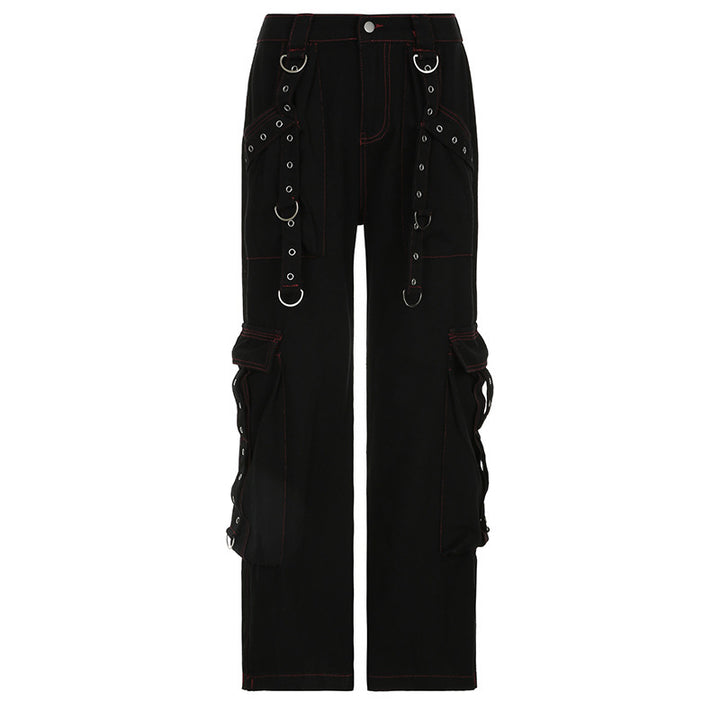 Dark Style Punk Heavy Industry Metal Ribbon Jeans Women