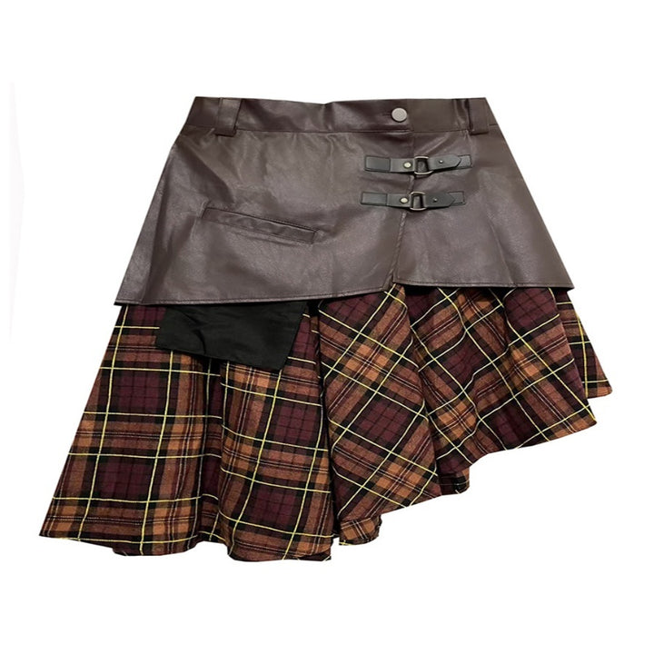 Plaid Contrast Skirt Women's Irregular PU Leather A- Line Skirt