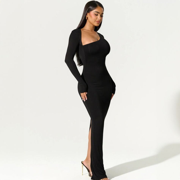 Long-Sleeved Slim Fit Dress - Sloping Neck Dress - Shop Swazeyfit