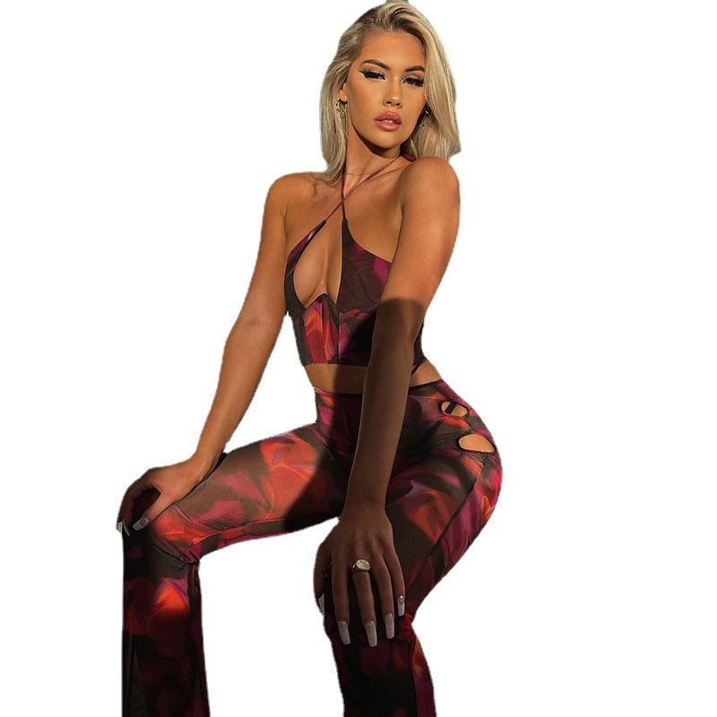 Printed Cross Suspender Top High Waist Leggings Two-piece Suit Women