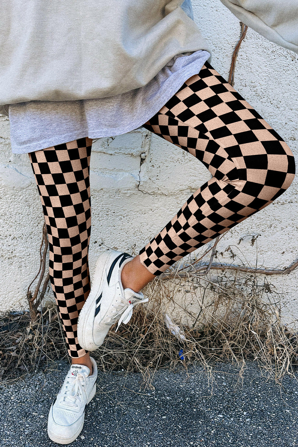 Black Checkered Pattern High Waist Skinny Leggings