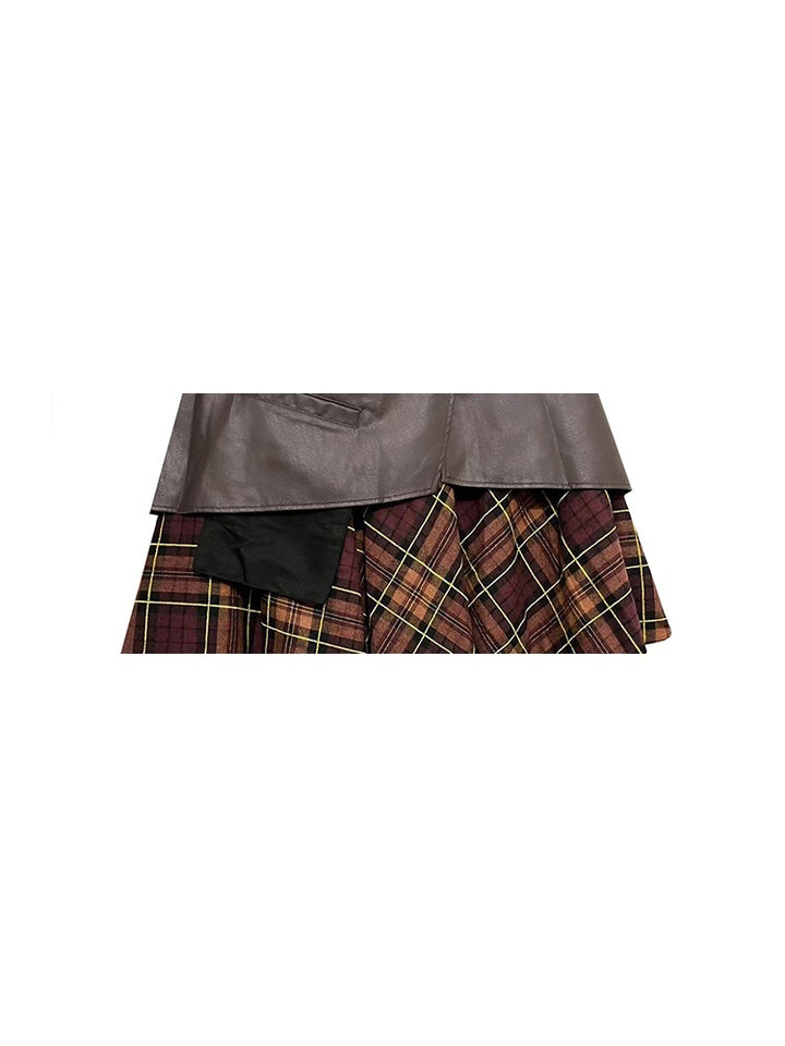 Plaid Contrast Skirt Women's Irregular PU Leather A- Line Skirt