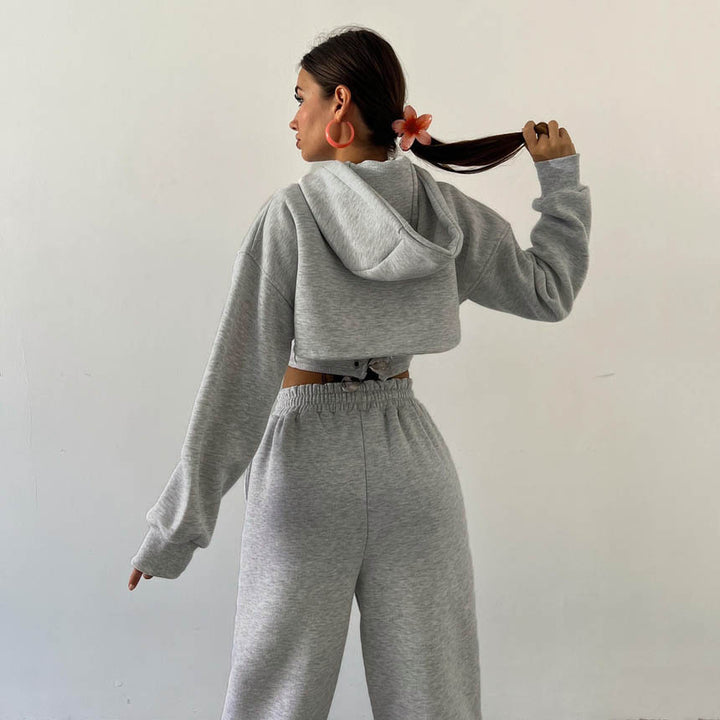 Gray Waist Hooded Short Sweater Ankle Banded Pants Three-piece Set