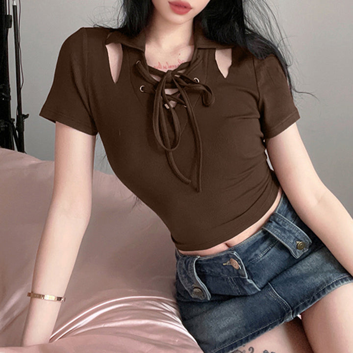 Off-the-shoulder Lace-up Collar Design Cropped Slim Fit Short-sleeved T-shirt