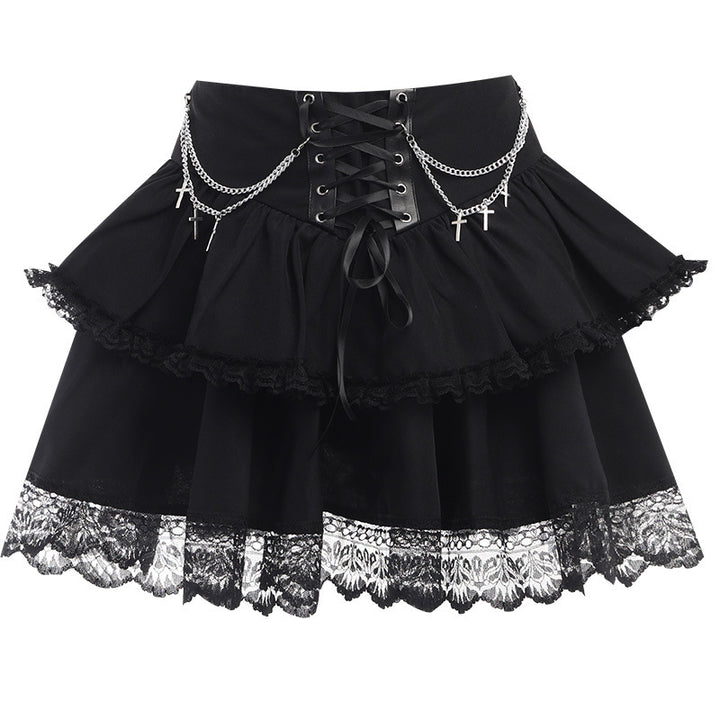 Goth Girl Party Style Slim Chain Cross Double Layer Gothic Skirt Women