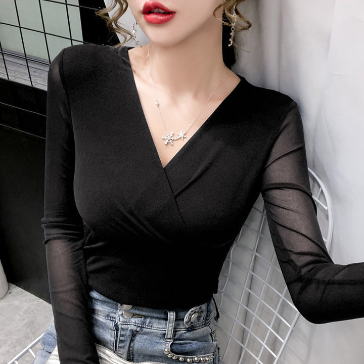 Mesh Bottoming Shirt Long-sleeved T-shirt Women Thin Small Shirt