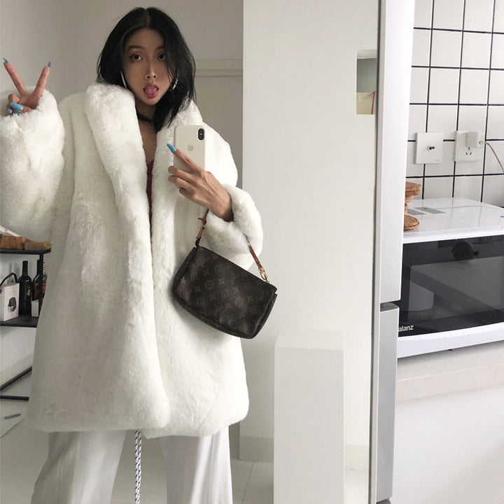 Faux Fur Solid Color Suit Collar White Coat Pajama