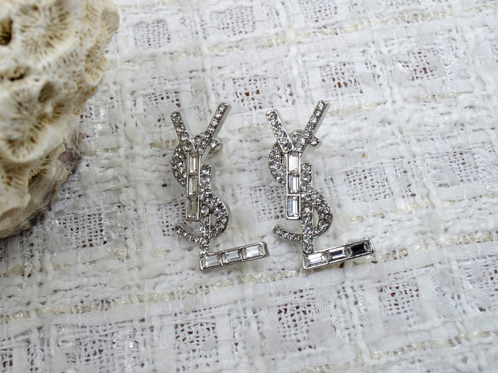 Vintage YSL Swarovski Crystal Silver Metal Initials Studs Earrings