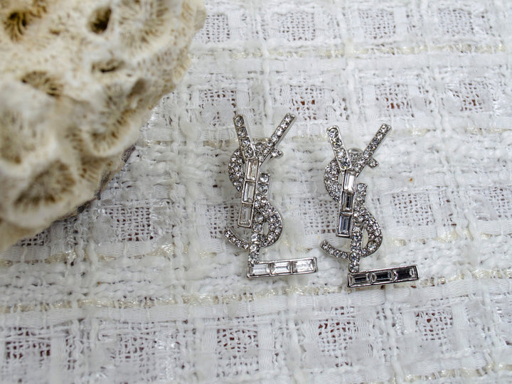 Vintage YSL Swarovski Crystal Silver Metal Initials Studs Earrings