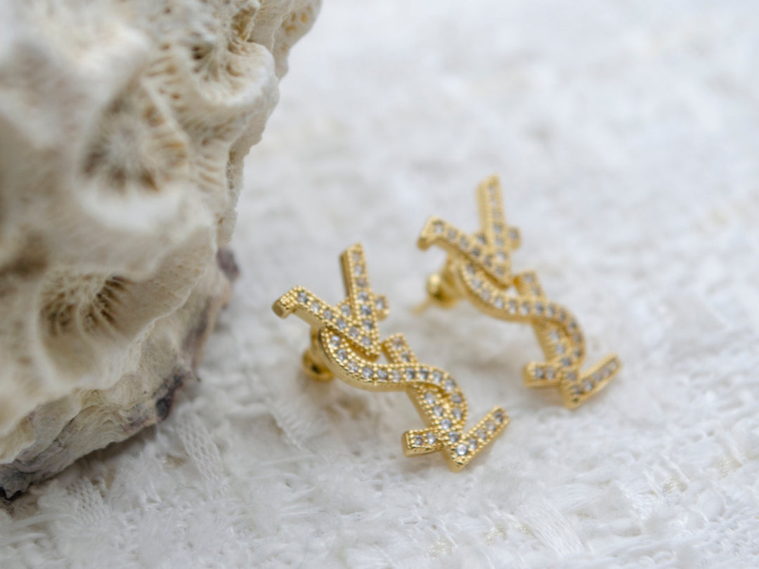 Vintage YSL Initials Metal and Swarovski Studs Earrings