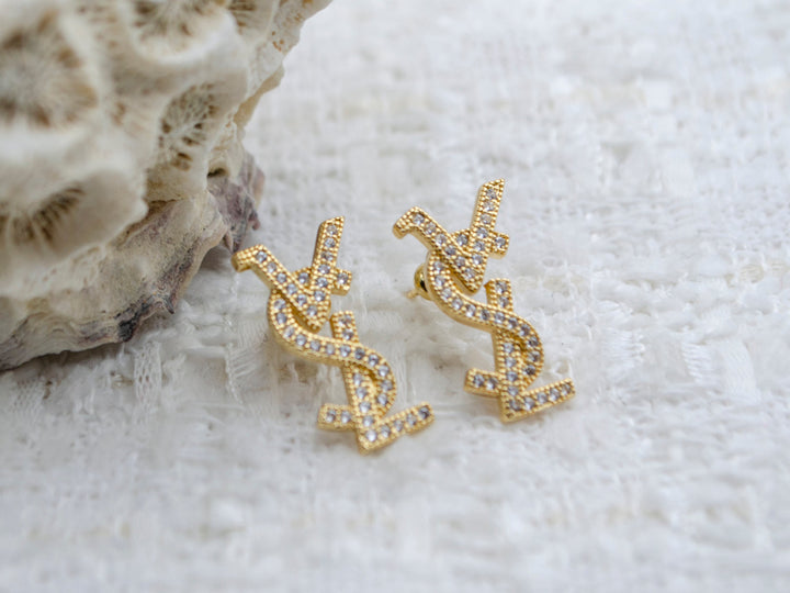 Vintage YSL Initials Metal and Swarovski Studs Earrings