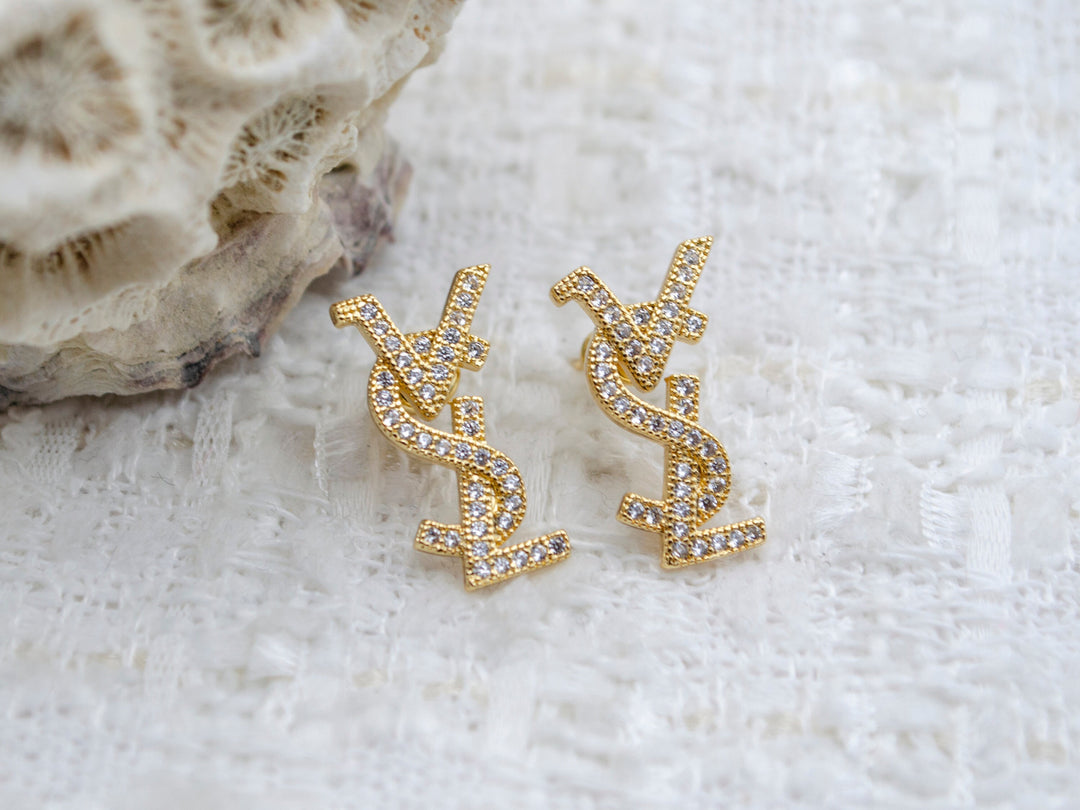 Vintage YSL Initials Metal and Swarovski Studs Earrings